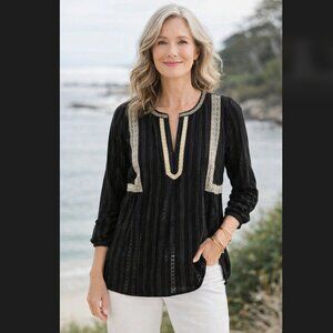 J. Jill Peasant Top Petite Medium MP Black Embroidered Crinkle 3/4 Sleeve Boho